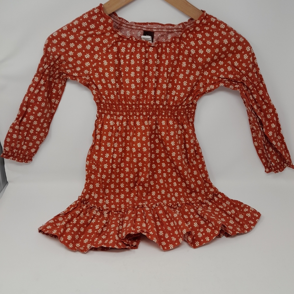 Girl's TEA Long Sleeve Flower Floral Pattern Red Dress Size 3